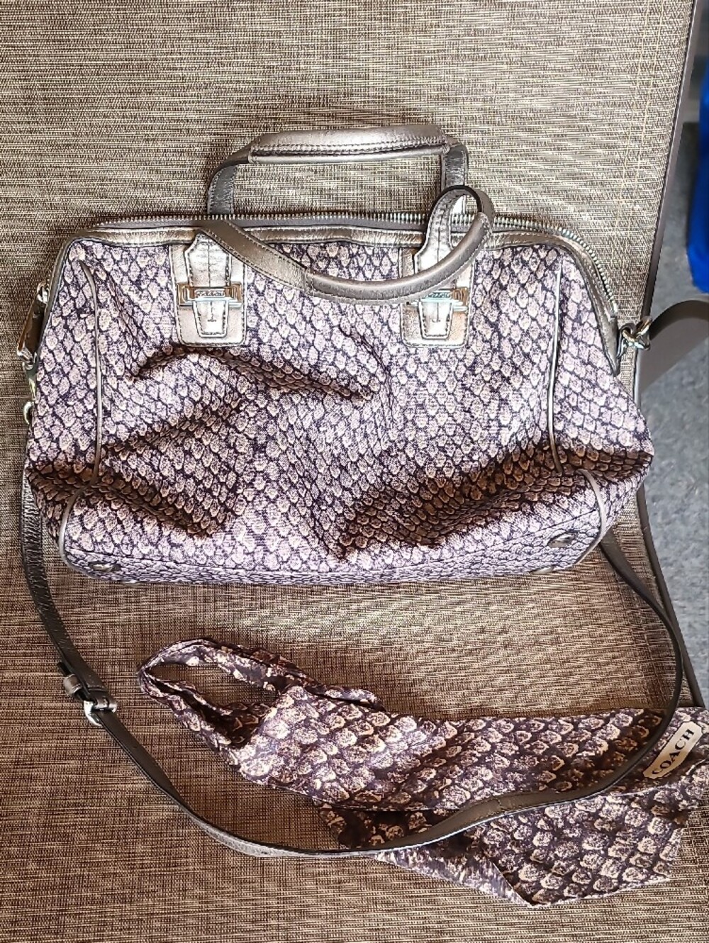 Coach Metallic Snake-Print Satchel in Silver and Taupe - Picture 10 of 10